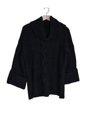Talbots Women's M Black Cable Knit Wool Blend Cowl Neck 3/4 Sleeve Sweater